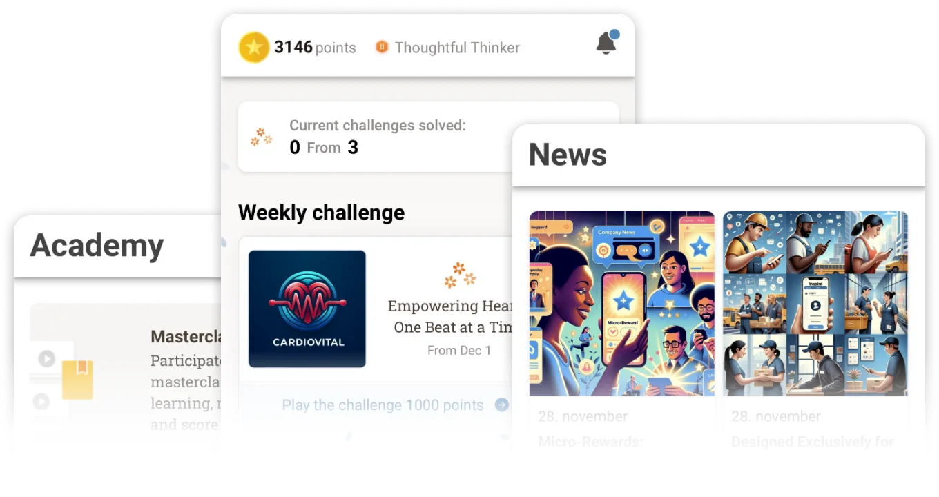 Inspire Academy, home screen with points and weekly challenge, and News feed