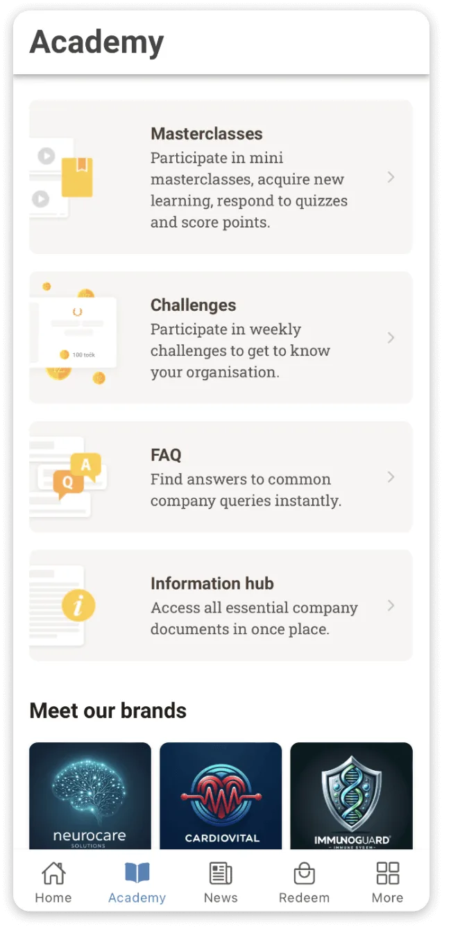 Inspire Academy screen with Masterclasses, Challenges, FAQ and Information hub