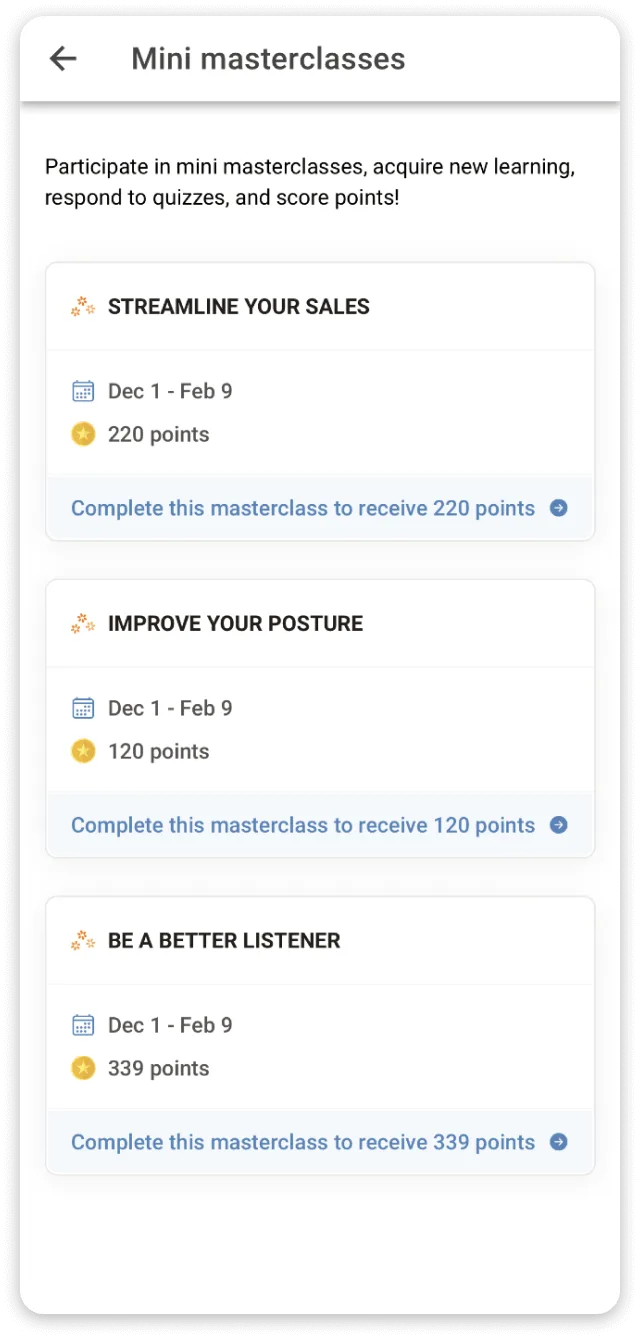 Inspire mini masterclasses list with points for each completed class