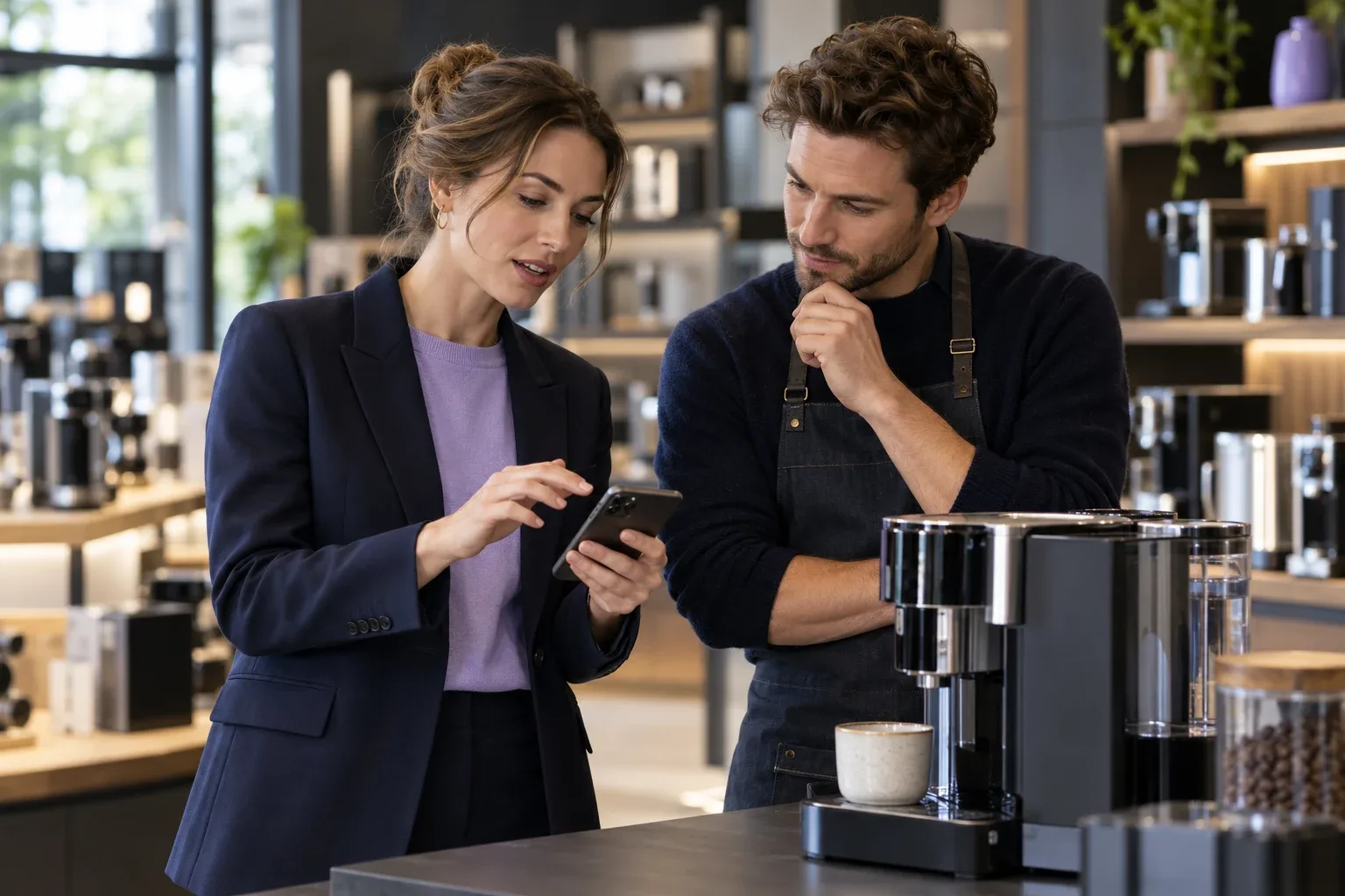 Sales trainer and retail partner reviewing product information in a showroom